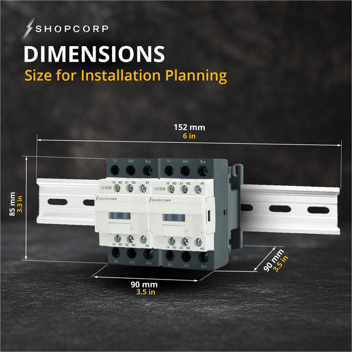 Shopcorp 30A 6 Pole (3 Pole x 2) NO & Aux 1NO/1NC Contactor - 110/120VAC Coil, with DIN Rail for HVAC, AC, Motor & Lighting - Dimensions