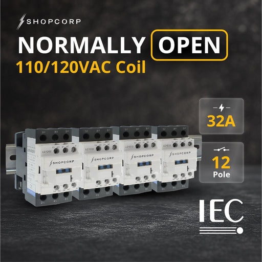 Shopcorp 30A 12 Pole (3x4) NO and Aux 1NO/1NC Contactor - 110/120VAC Coil, with DIN Rail & Screws for HVAC, AC & Lighting - NO