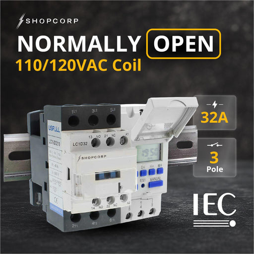 Shopcorp 30A 3 Pole Contactor NO & Aux 1NO/1NC - 110/120VAC Coil w/ 24-7 Timer, DIN Rail & Screws for Motor & Lighting