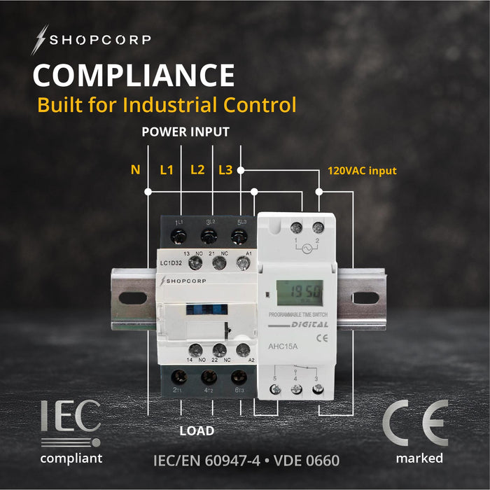 Shopcorp 30A 3 Pole Contactor NO & Aux 1NO/1NC - 110/120VAC Coil w/ 24-7 Timer, DIN Rail & Screws for Motor & Lighting - Compliance