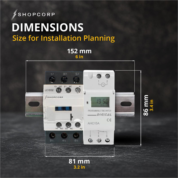 Shopcorp 30A 3 Pole Contactor NO & Aux 1NO/1NC - 110/120VAC Coil w/ 24-7 Timer, DIN Rail & Screws for Motor & Lighting Dimensions