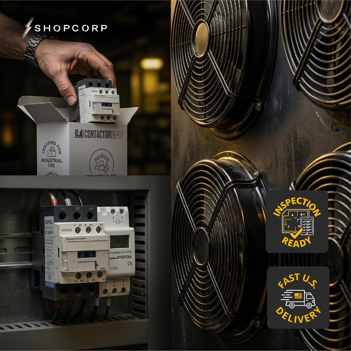 Shopcorp 30A 3 Pole Contactor NO & Aux 1NO/1NC - 110/120VAC Coil w/ 24-7 Timer, DIN Rail & Screws for Motor & Lighting - Technical Lifestyle