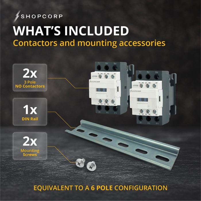 Shopcorp 30A 6 Pole (3 Pole x 2) NO & Aux 1NO/1NC Contactor - 110/120VAC Coil, with DIN Rail for HVAC, AC, Motor & Lighting - Whats Included