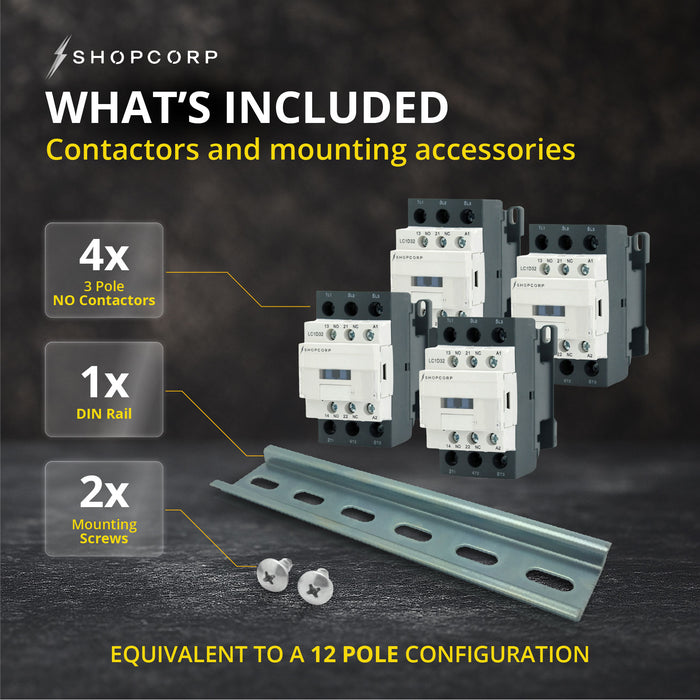 Shopcorp 30A 12 Pole (3x4) NO and Aux 1NO/1NC Contactor - 110/120VAC Coil, with DIN Rail & Screws for HVAC, AC & Lighting - Whats Included