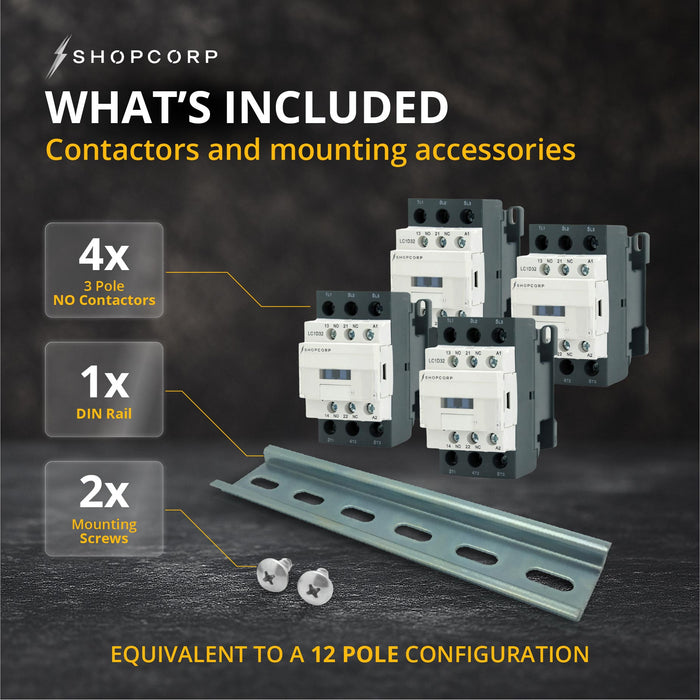 Shopcorp 30A 12 Pole (3x4) NO and Aux 1NO/1NC Contactor - 110/120VAC Coil, with DIN Rail & Screws for HVAC, AC & Lighting - Whats Included