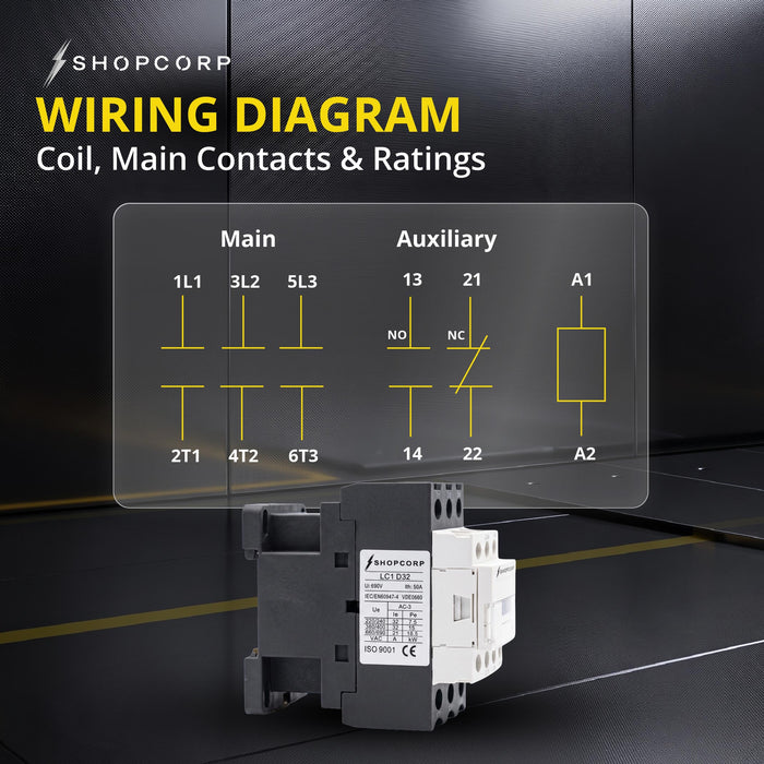 Shopcorp 30A 3 Pole Contactor - NO IEC 660V, Aux 1NO/1NC - 110/120VAC Coil or 220/240VAC Coil for HVAC, AC, Motor and Lighting