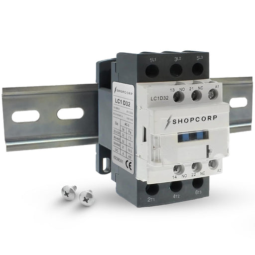 Shopcorp 30A 3 Pole Contactor - NO IEC 660V, Auxiliary 1NO/1NC - 220/240VAC Coil for HVAC, AC, Motor Load and Lighting - Includes DIN Rail