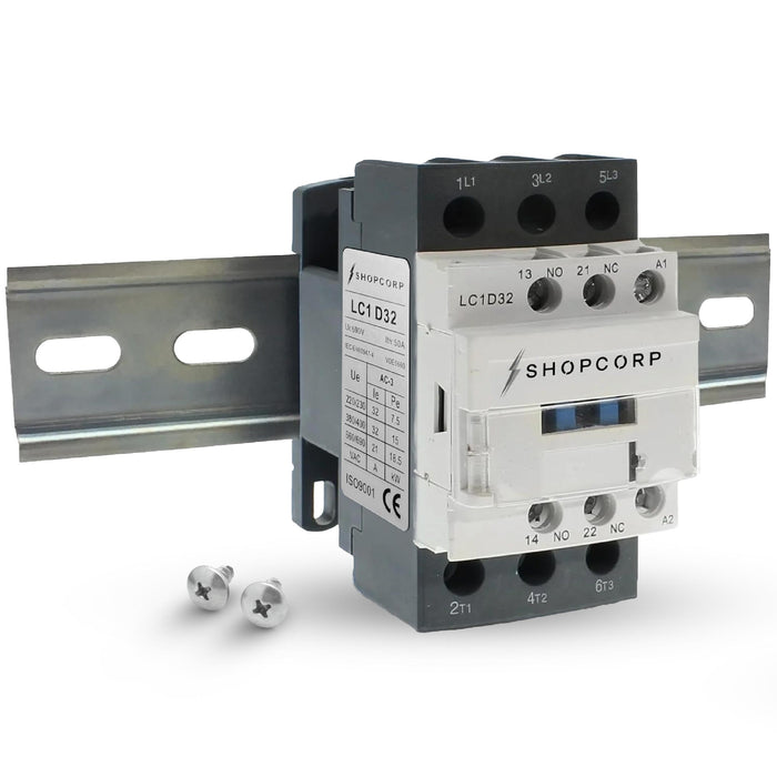 Shopcorp 30A 3 Pole Contactor - NO IEC 660V, Auxiliary 1NO/1NC - 220/240VAC Coil for HVAC, AC, Motor Load and Lighting - Includes DIN Rail