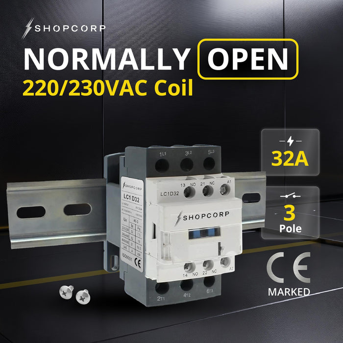 Shopcorp 30A 3 Pole Contactor - NO IEC 660V, Auxiliary 1NO/1NC - 220/240VAC Coil for HVAC, AC, Motor Load and Lighting - Includes DIN Rail