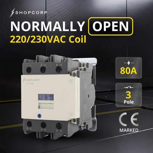 Shopcorp 80 Amp 3 Pole Contactor - NO IEC 660V, Auxiliary 1NO/1NC - 220/230V Coil for HVAC, AC, Motor Load and Lighting
