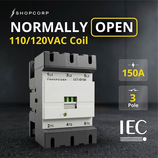 Shopcorp 3 Pole AC Contactor 150A AC-3, 110/120VAC Coil, 200A Ith, IEC 690V Industrial Contactor for Motor, HVAC, Pump & Lighting Control - NO