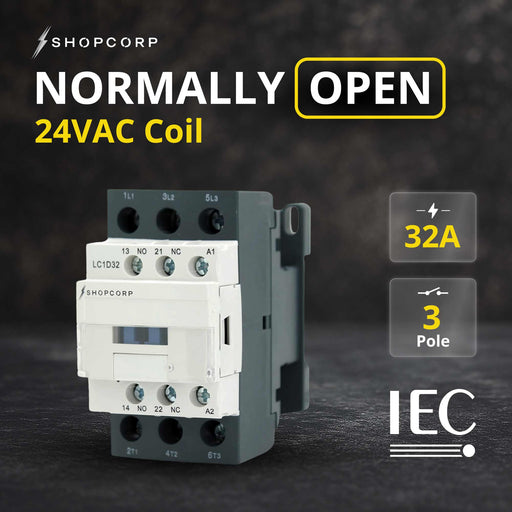 Shopcorp 3 Pole AC Contactor 24VAC Coil, 32A IEC 690V Switch with 1NO/1NC Auxiliary Contacts, DIN Rail Mount for HVAC, Motor & Lighting Control -NO