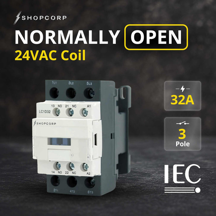 Shopcorp 3 Pole AC Contactor 24VAC Coil, 32A IEC 690V Switch with 1NO/1NC Auxiliary Contacts, DIN Rail Mount for HVAC, Motor & Lighting Control -NO
