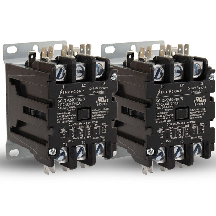 Shopcorp 40A 3 Pole 600V Definite Purpose - Normally Open Contactor - 208/240VAC Coil for HVAC & Lighting - UL Certified | 2 Pack