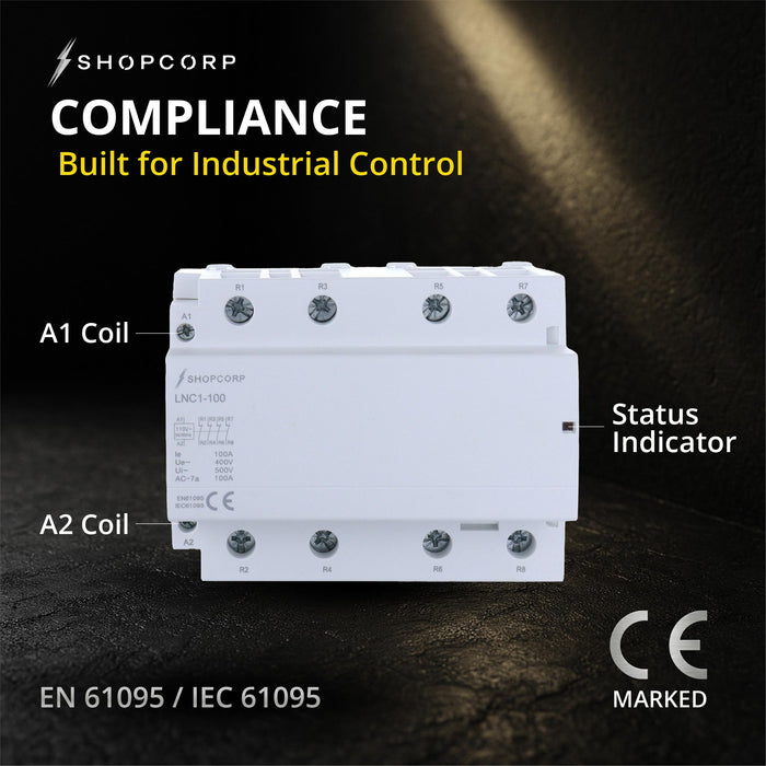 Shopcorp 100 Amp 4 Pole Normally Closed Contactor IEC 500V - 110/120VAC Coil for HVAC, AC, Motor Load & Lighting Systems - compliance