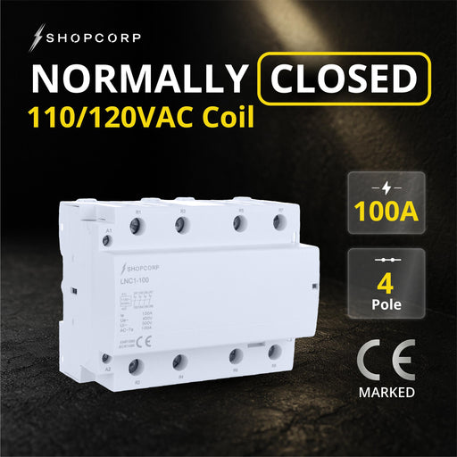 Shopcorp 100 Amp 4 Pole Normally Closed IEC 500V Contactor with DIN Rail and 2 Screws for HVAC, AC, Motor Load and Lighting - NC