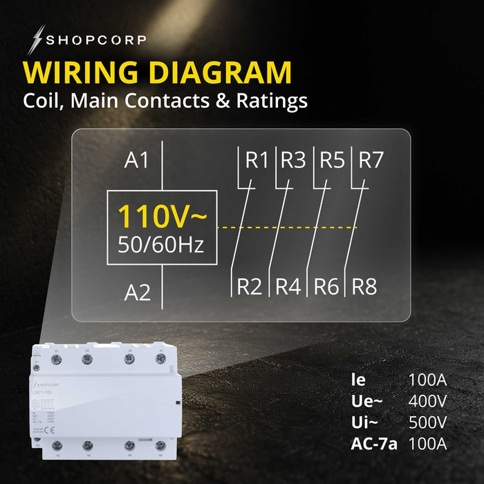 Shopcorp 100A Contactor 4 Pole Normally Closed IEC 500V, 110/120VAC Coil for HVAC, Motor & Lighting
