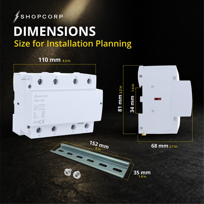 Shopcorp 100 Amp 4 Pole Normally Closed IEC 500V Contactor with DIN Rail and 2 Screws for HVAC, AC, Motor Load and Lighting - Dimensions