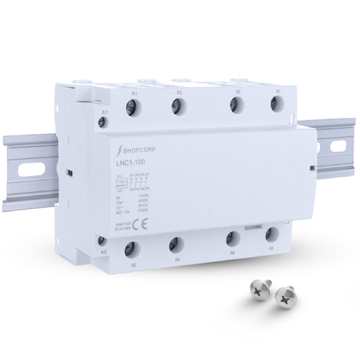 Shopcorp 100 Amp 4 Pole Normally Closed IEC 500V Contactor with DIN Rail and 2 Screws for HVAC, AC, Motor Load and Lighting - MAIN