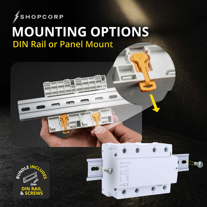 Shopcorp 100 Amp 4 Pole Normally Closed IEC 500V Contactor with DIN Rail and 2 Screws for HVAC, AC, Motor Load and Lighting - Mounting Options