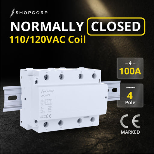 Shopcorp 100 Amp 4 Pole Normally Closed IEC 500V Contactor with DIN Rail and 2 Screws for HVAC, AC, Motor Load and Lighting - NC