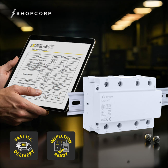 Shopcorp 100 Amp 4 Pole Normally Closed IEC 500V Contactor with DIN Rail and 2 Screws for HVAC, AC, Motor Load and Lighting - Technical Lifestyle