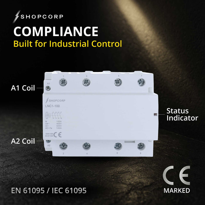 Shopcorp 100 Amp 4 Pole Normally Open IEC 500V Contactor with DIN Rail and 2 Screws for HVAC, AC, Motor Load and Lighting - Compliance