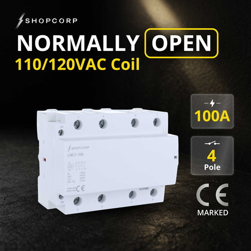 Shopcorp 100 Amp Contactor 4 Pole Normally Open 110/120VAC Coil - IEC 500V - HVAC, AC, Motor Load and Lighting Systems - NO