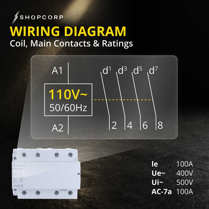 Shopcorp 100 Amp Contactor 4 Pole Normally Open 110/120VAC Coil - IEC 500V for Lighting, HVAC - Diagram