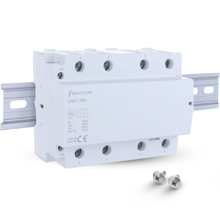 Shopcorp 100 Amp 4 Pole Normally Open IEC 500V Contactor with DIN Rail and 2 Screws for HVAC, AC, Motor Load and Lighting - MAIN