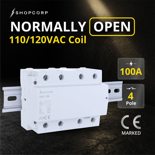 Shopcorp 100 Amp 4 Pole Normally Open IEC 500V Contactor with DIN Rail and 2 Screws for HVAC, AC, Motor Load and Lighting - NO