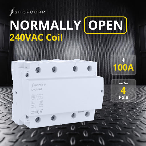 Shopcorp 100 Amp 4 Pole Normally Open IEC 500V Contactor 240VAC Coil for HVAC, AC, Motor Load and Lighting