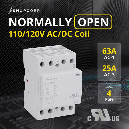 Shopcorp 63A AC/DC 4 Pole Normally Open UL Listed Contactor | 120V Coil, IEC 400V, DIN Rail Mount