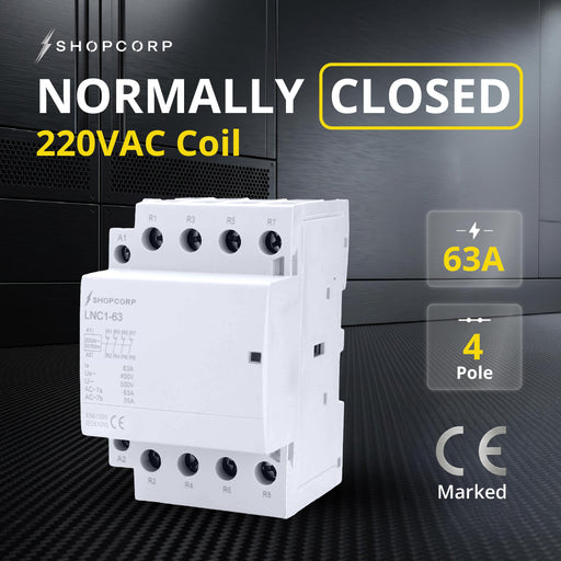 Shopcorp 60A 4 Pole Normally Closed Contactor - IEC 400V - 220/240VAC Coil for HVAC Systems, AC, Motor Load and Lighting