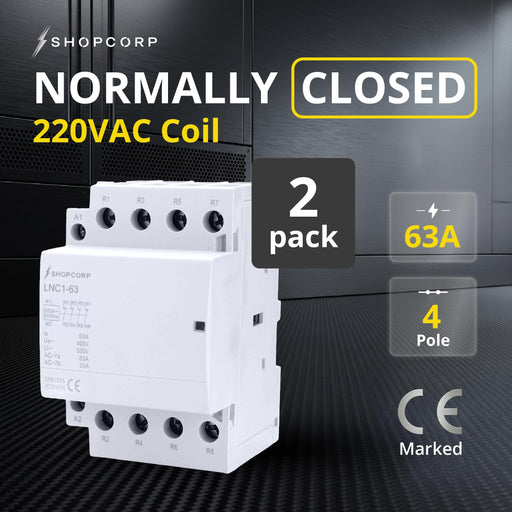 Shopcorp 60A 4 Pole Normally Closed Contactor - IEC 400V - 220/240VAC Coil for HVAC Systems, AC, Motor Load and Lighting | 2 Pack