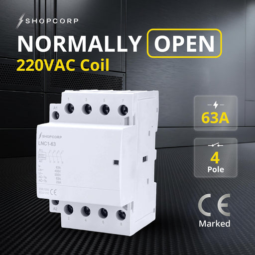 Shopcorp 60A 4 Pole Normally Open 400V AC Contactor - 220/240VAC Coil for HVAC, AC, Motor Load and Lighting - Silent Operation