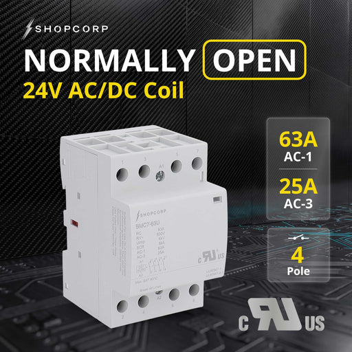 Shopcorp 63Amp AC/DC 4 Pole Normally Open UL Listed Contactor, 24V Coil, IEC 400V DIN Rail