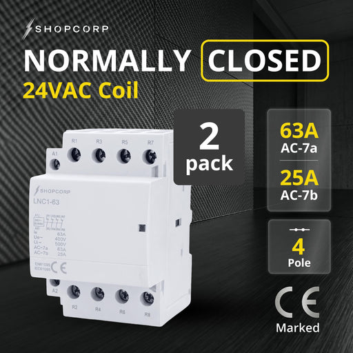 Shopcorp 63 Amp 4 Pole IEC Normally Closed Electric Contactor - 24VAC Coil for HVAC, AC, Motor Load and Lighting Systems | 2 Pack
