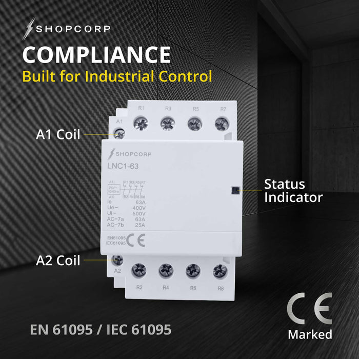 Shopcorp 63A 4 Pole IEC NC Contactor -  24V Coil for HVAC, AC, Motor Load and Lighting