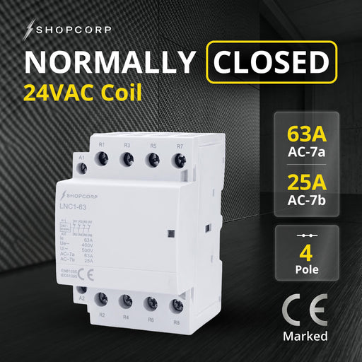 Shopcorp 63A 4 Pole IEC NC Contactor -  24V Coil for HVAC, AC, Motor Load and Lighting
