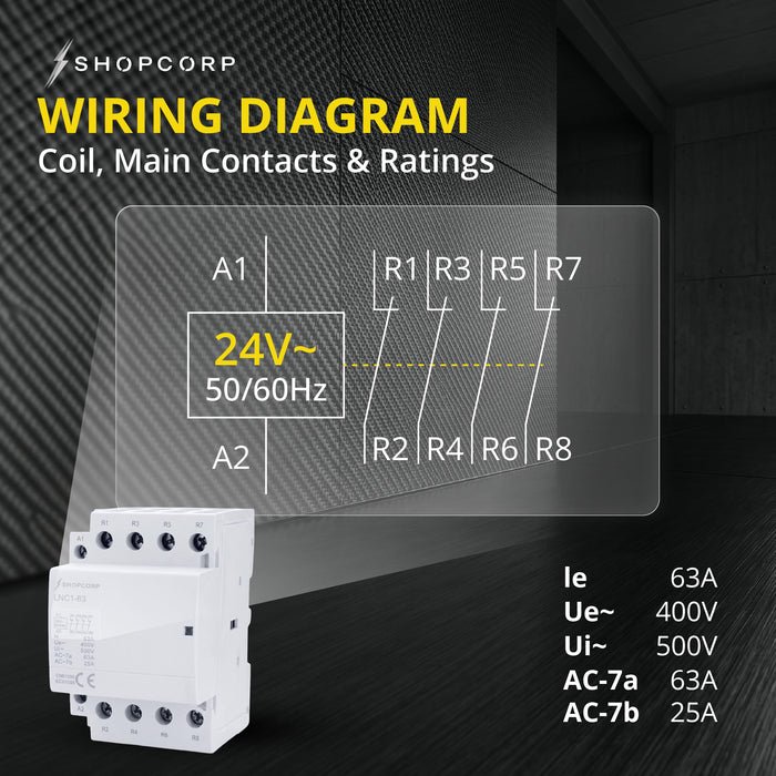 Shopcorp 63A 4 Pole IEC NC Contactor -  24V Coil for HVAC, AC, Motor Load and Lighting