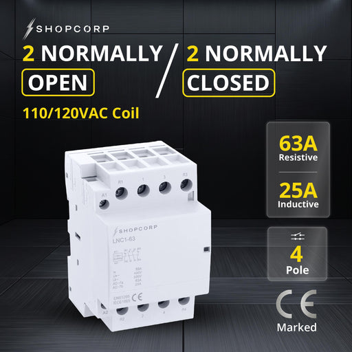 Shopcorp 63 Amp 4 Pole 2NO / 2NC 400V Contactor, 110/120VAC Coil for HVAC, Air Conditioner, Motor Load & Lighting System