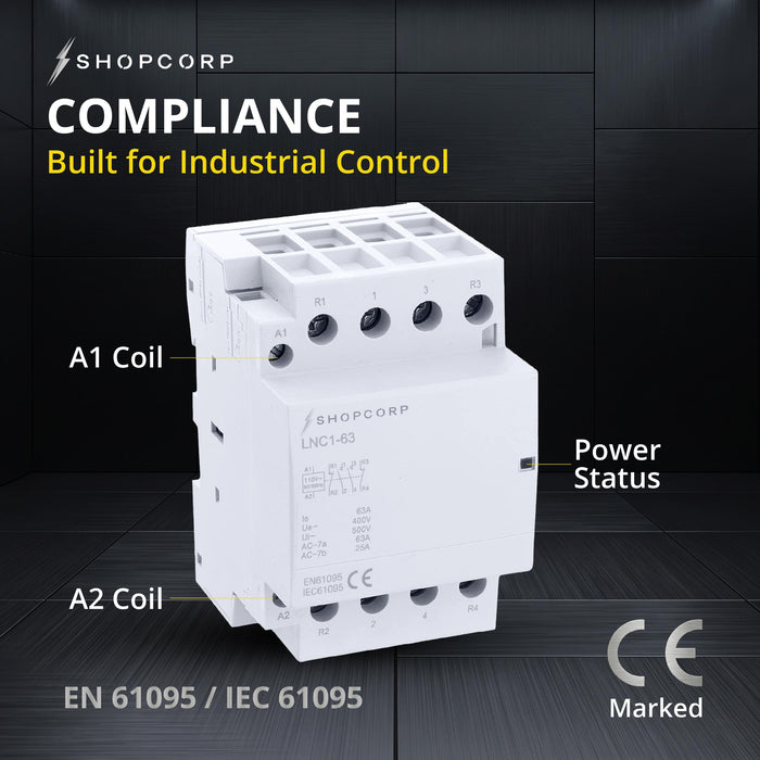 Shopcorp 63 Amp 4 Pole 2NO / 2NC 400V Contactor, 110/120VAC Coil for HVAC, Air Conditioner, Motor Load & Lighting System