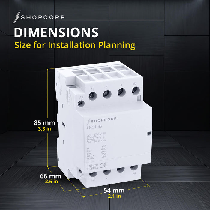 Shopcorp 63 Amp 4 Pole 2NO / 2NC 400V Contactor, 110/120VAC Coil for HVAC, Air Conditioner, Motor Load & Lighting System