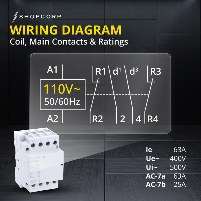 Shopcorp 63 Amp 4 Pole 2NO / 2NC 400V Contactor, 110/120VAC Coil for HVAC, Air Conditioner, Motor Load & Lighting System