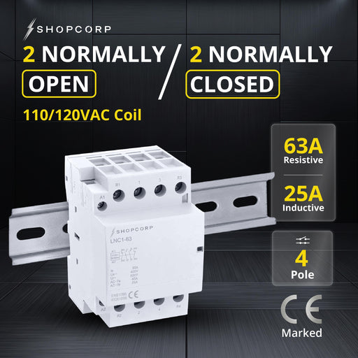 Shopcorp 63Amp 4 Pole 2NO / 2NC 400V Contactor - 110/120VAC, Includes DIN Rail for HVAC, AC, Motor Load and Lighting