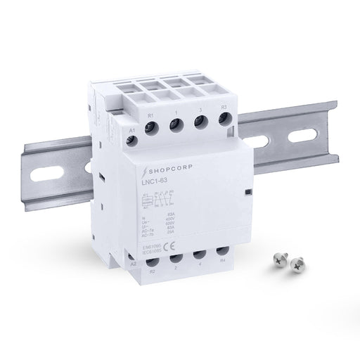Shopcorp 63Amp 4 Pole 2NO / 2NC 400V Contactor - 110/120VAC, Includes DIN Rail for HVAC, AC, Motor Load and Lighting