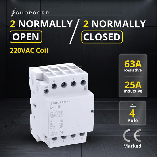 Shopcorp 63 Amp 4 Pole 2NO / 2NC 400V Contactor, 220VAC Coil for HVAC, Air Conditioner, Motor Load & Lighting System