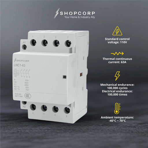 Shopcorp 50A 4 Pole NO Contactor - IEC 400V - 110/120VAC Coil - With DIN Rail and 2 Screws for HVAC, AC, Motor and Lighting