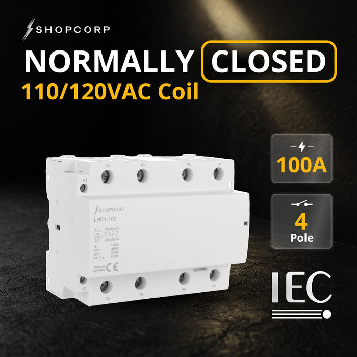 Shopcorp 100 Amp 4 Pole Normally Closed IEC 500V Contactor with DIN Rail and 2 Screws for HVAC, AC, Motor Load and Lighting - NC